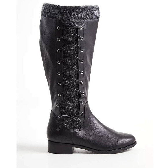New Torrid 7.5WW Wide Width & Calf Black Criss Cross Sweater Trim Knee Boots - Picture 3 of 4